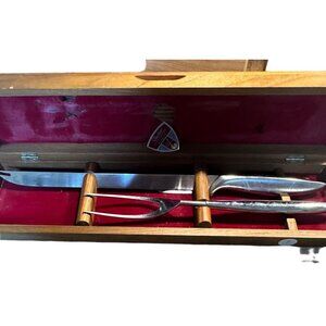 Vintage Gerber Carving Set Fork/Knife with Maple Wood Storage Box Damaged Lining